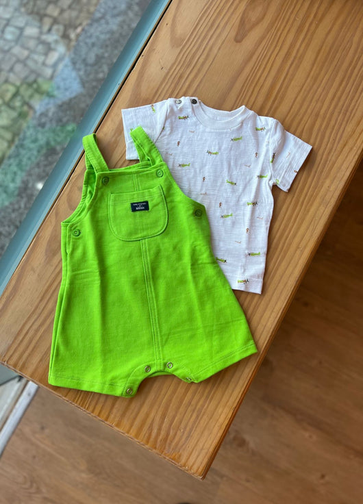 CONJUNTO CAMISETA MANGA CURTA AVIÕES COM JARDINEIRA ALÇA BOLSO MENINO ONDA MARINHA PRO25