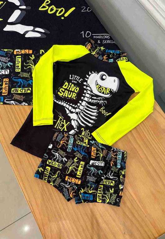 CONJUNTO CAMISETA MANGA LONGA E SUNGA BOXER DINOSSAUROS UV50+ MENINO MARUJOS E SEREIAS PRO25