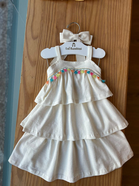VESTIDO COM ALÇA E SOBREPOSIÇÃO BARBICACHOS COLORIDOS MENINA FAKINI