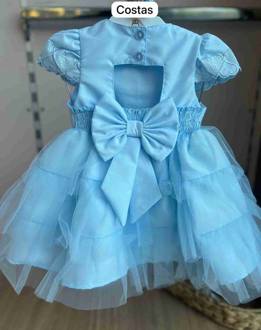 VESTIDO MANGA CURTA BORDADO CORAÇÃO BALÃO TULE LAÇO COSTA STRASS MENINA CATTAI