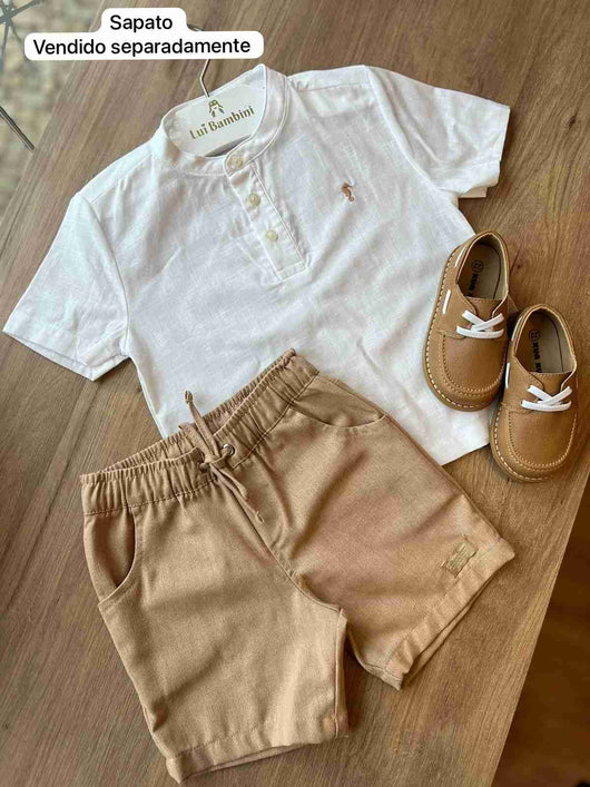 CONJUNTO CAMISA BATA MANGA CURTA E BERMUDA LINHO CORDÃO MENINO ONDA MARINHA
