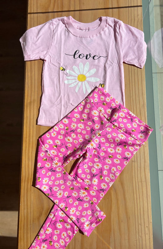 CONJUNTO BLUSA MANGA CURTA COM CALÇA LEGGING LOVE ABELHINHA E FLORES MENINA LUI BAMBINI PRO35