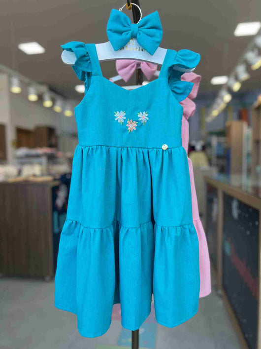 VESTIDO ALÇA BABADO TRES FLORES BORDADO COM LAÇO LINHO MENINA LUI BAMBINI