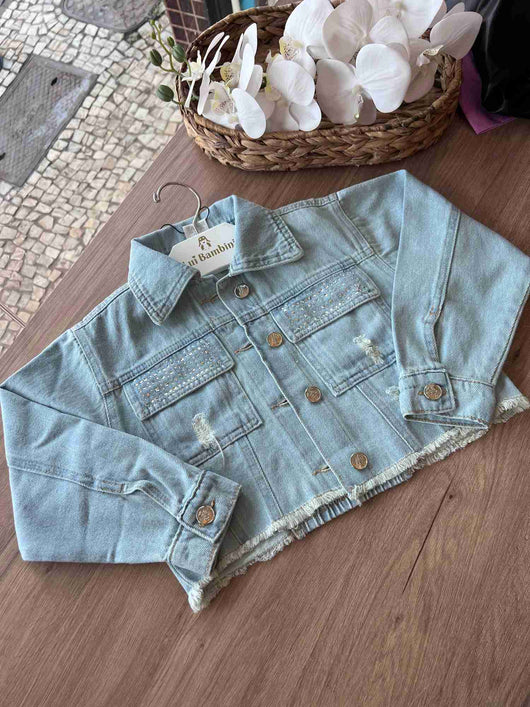 JAQUETA JEANS CLEAR BOLSO STRASS MENINA LOOK JEANS