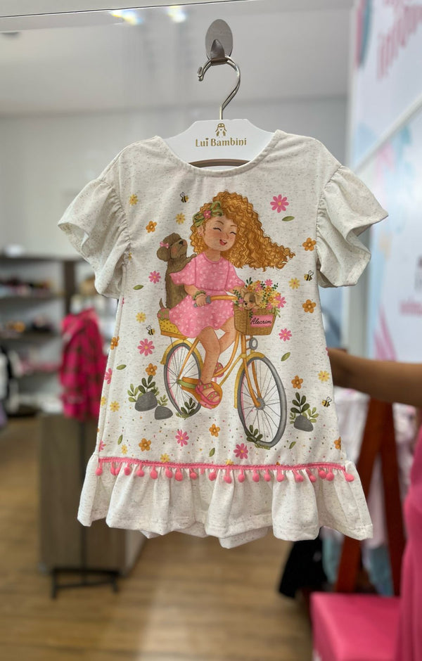 VESTIDO MANGA CURTA COM AMARRAÇÃO PASSEIO ANIMAL BARRA POMPOM MENINA KUKIE