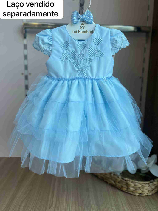 VESTIDO MANGA CURTA BORDADO CORAÇÃO BALÃO TULE LAÇO COSTA STRASS MENINA CATTAI