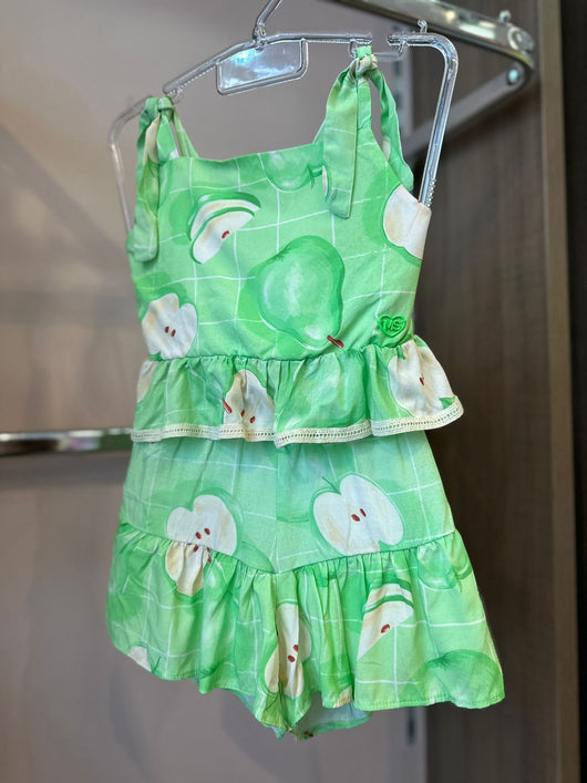 CONJUNTO BLUSA ALCA E SHORT COM AJUSTE QUADRICULADO MACA VERDE MENINA MON SUCRE PRO45