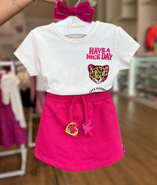 CONJUNTO BLUSA MANGA CURTA HAVE A NICE DAY ONCINHA COM SHORT SAIA MENINA MOMI