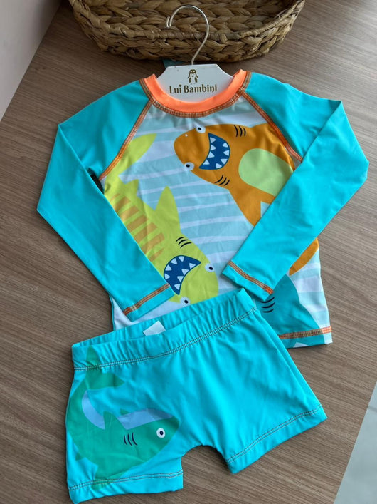CONJUNTO CAMISETA MANGA LONGA TUBARÕES E SUNGA BOXER UV50+ MENINO TIP TOP