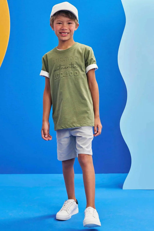 CONJUNTO CAMISETA MANGA CURTA MARCA RELEVO E BERMUDA MENINO LUC BOO