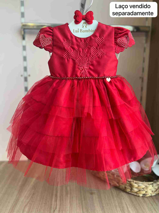 VESTIDO MANGA CURTA BORDADO CORAÇÃO BALÃO TULE LAÇO COSTA STRASS MENINA CATTAI
