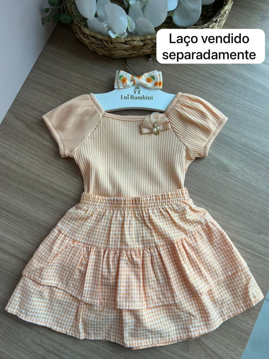 CONJUNTO BLUSA MANGA CURTA CANELADO PÉROLAS LAÇO E SAIA SHORT MENINA PULLA BULLA