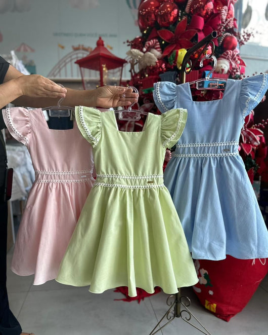 VESTIDO MANGA CURTA RENDA FLAME ABAS AMARRAÇÃO MENINA MON BELL