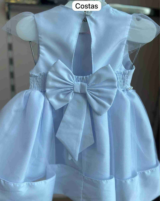 VESTIDO MANGA CURTA BORDADO BORBOLETA FLORES PÉROLAS TERÇO LAÇO COSTA MENINA CATTAI
