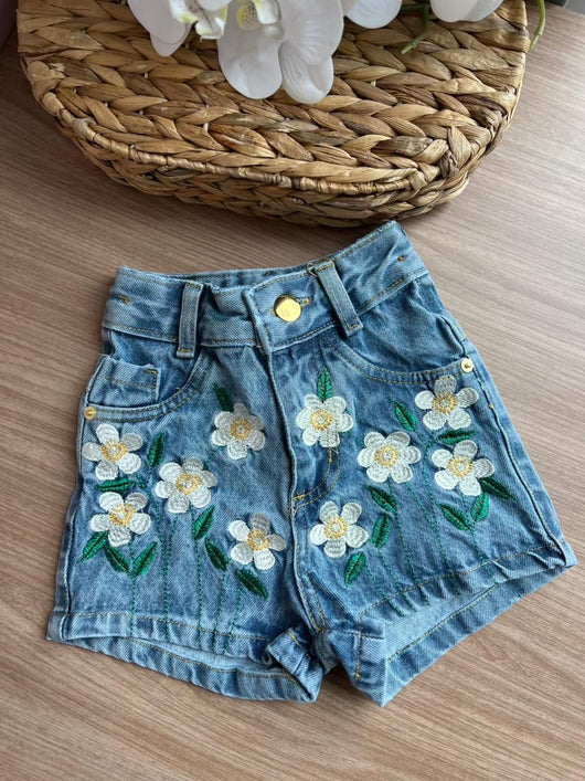 SHORT BOLSOS FAKE FLORES MARGARIDAS BORDADOS MENINA LUI BAMBINI