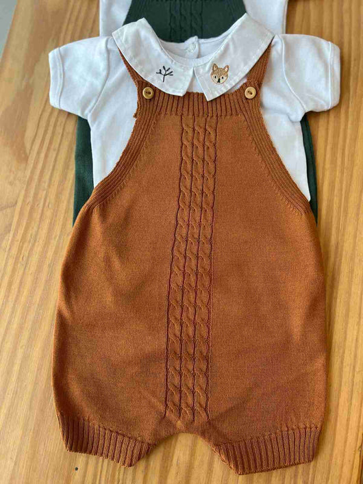 CONJUNTO BODY MANGA CURTA E JARDINEIRA TRICÔ RAPOSA ÁRVORE TRANÇADOS BORDADOS MENINO LUI BAMBINI