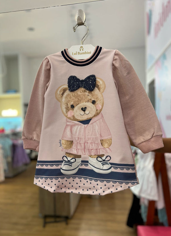 VESTIDO MANGA LONGA URSINHA COM BOLSA PELUCIADA STRASS E BRILHO MENINA KUKIE