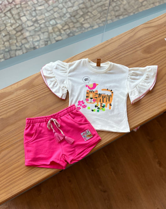 CONJUNTO BLUSA MANGA CURTA COM ESTAMPA DE TIGRE COM PASSAROS E BERMUDA ROSA  MENINA UP BABY