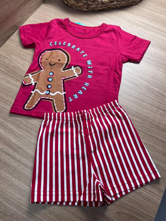 CONJUNTO PIJAMA CAMISETA MANGA CURTA CELEBRATE NATAL BISCOITO E SHORT MENINO LISTRADO MENINO ELIAN