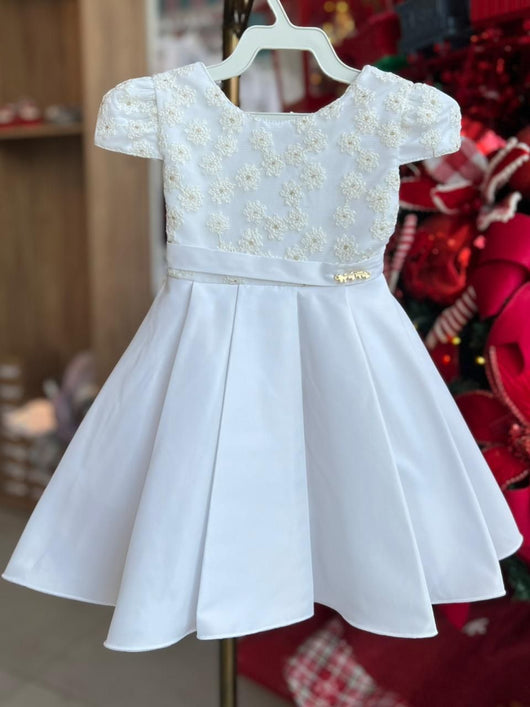 VESTIDO MANGA CURTA BORDADO FLORES RENDA PREGAS MENINA LIBELINHA