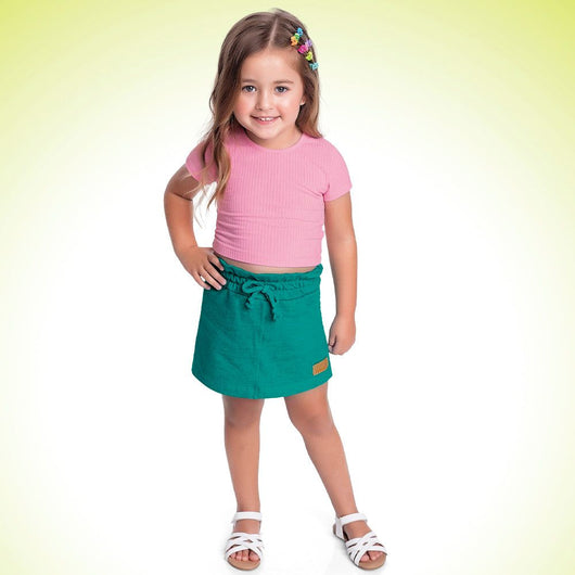 CONJUNTO BLUSA MANGA CURTA CANELADA AMARRACAO E SHORT SAIA MENINA FAKINI PRO40