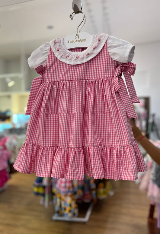 Vestido Junino Manga Curta Xadrez com Tulipas Bordadas E Cerejas Tricô Menina Lui Bambini Pro40