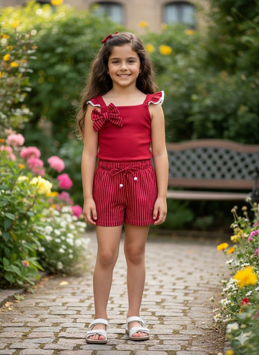 CONJUNTO BLUSA ALÇA BABADO LAÇO E SHORT LISTRADO NATAL MENINA ANGERÔ