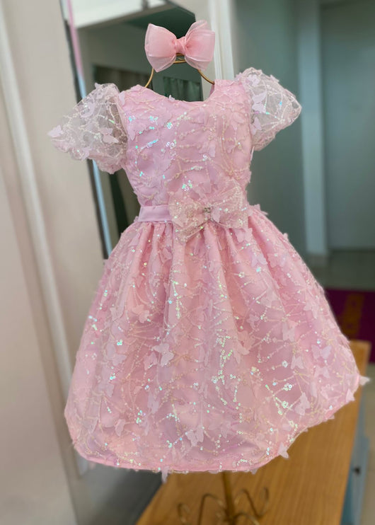 VESTIDO FESTA MANGA CURTA TULE BORBOLETAS E PAETES CINTO LACO MENINA PETIT CHERIE PRO40