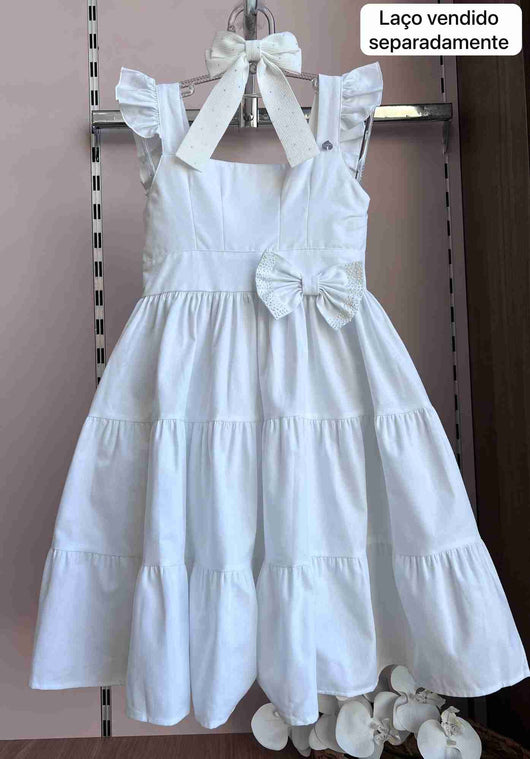 VESTIDO BATIZADO ALÇA BABADO STRASS LAÇO CAMADAS MENINA CATTAI