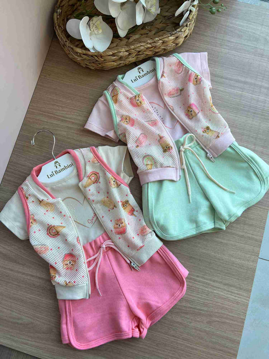 CONJUNTO COLETE FUROS URSO SORVETE ZIPER BLUSA MANGA CURTA STRASS CORAÇÃO E SHORT MENINA ANGERO