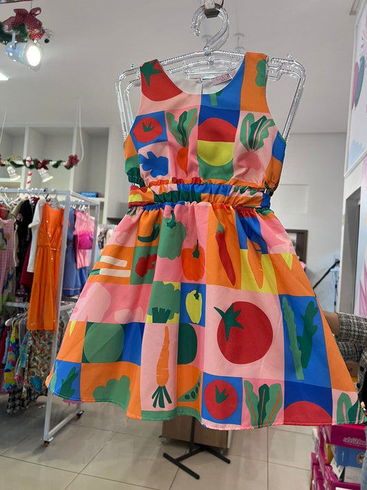 VESTIDO REGATA ABERTURA COSTAS CINTO LACO FRUTAS E LEGUMES MENINA MON SUCRE PRO45