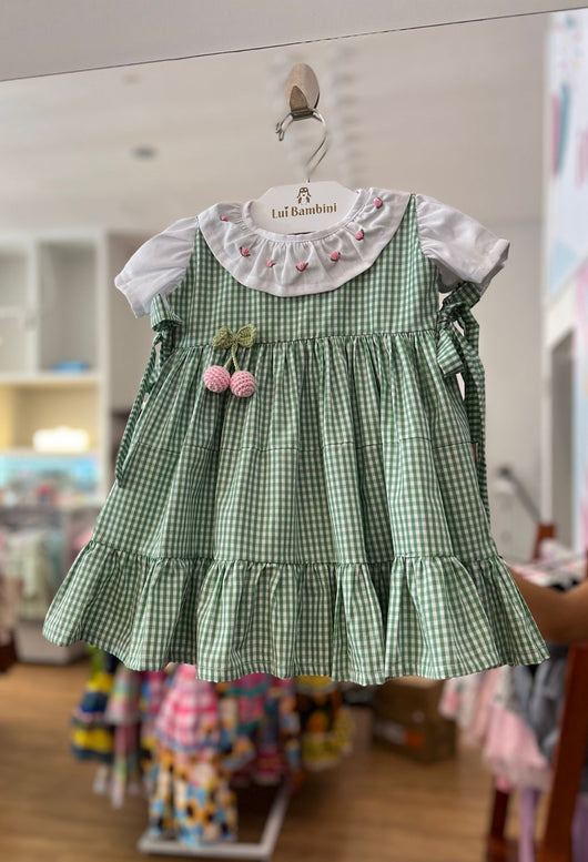 Vestido Junino Manga Curta Xadrez com Tulipas Bordadas E Cerejas Tricô Menina Lui Bambini Pro40