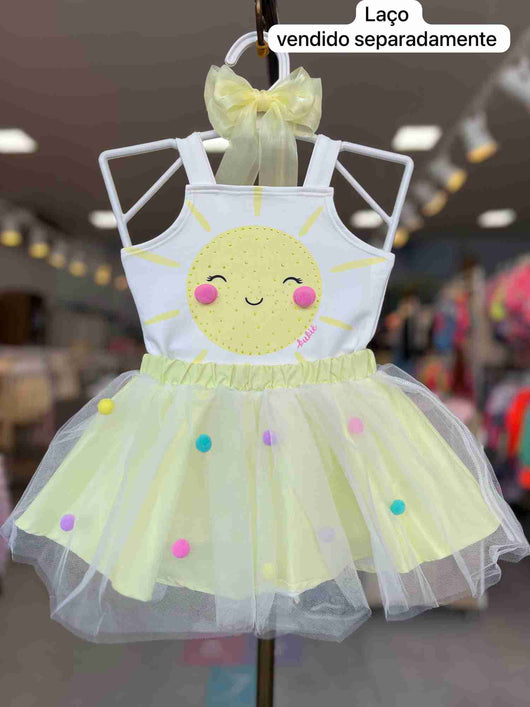 CONJUNTO FANTASIA BLUSA ALÇA POMPOM SOL STRASS E SAIA TULE MENINA KUKIÊ