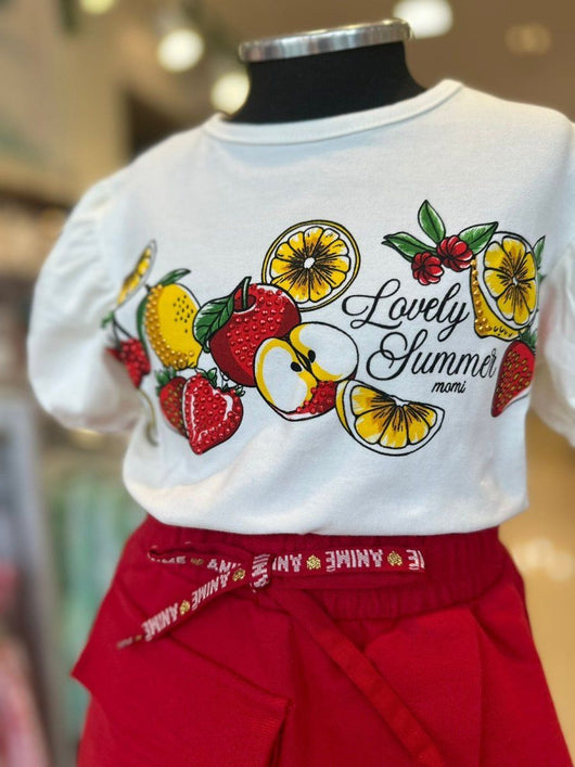 BLUSA MANGA CURTA COM ESTAMPA DE FRUTAS E STRASS LOVELY SUMMER MENINA MOMI