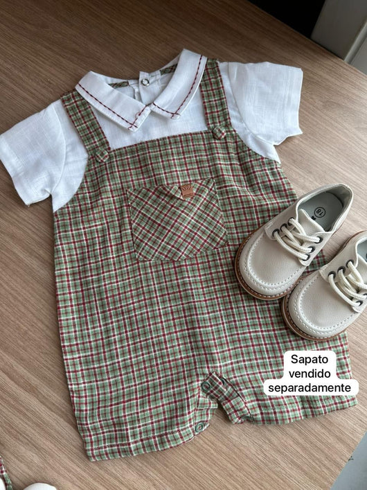 BODY CAMISA MANGA CURTA BOLSO E JARDINEIRA XADREZ MENINO ANJOS BABY
