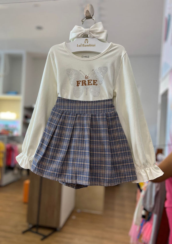 CONJUNTO BLUSA MANGA LONGA COM BABADOS BORBOLETA STRASS E SAIA XADREZ MENINA NINA GO