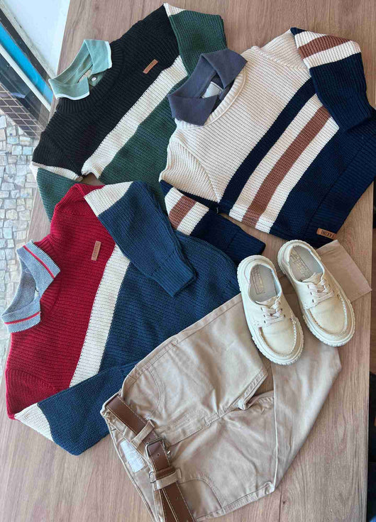 SUÉTER MANGA LONGA TRICOT FAIXAS MENINO CHARPEY