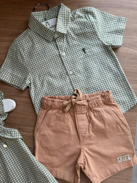 CONJUNTO CAMISA MANGA CURTA XADREZ COM SHORT BOLSO E CORDÃO MENINO ONDA MARINHA