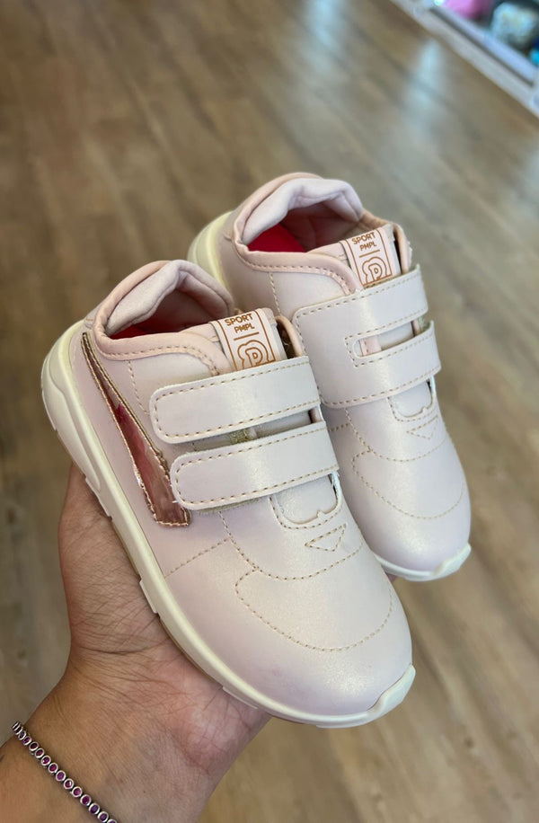 TÊNIS SPORT JOGGING DUPLO VELCRO NUDE FOSCO BRILHO MENINA PIMPOLHO