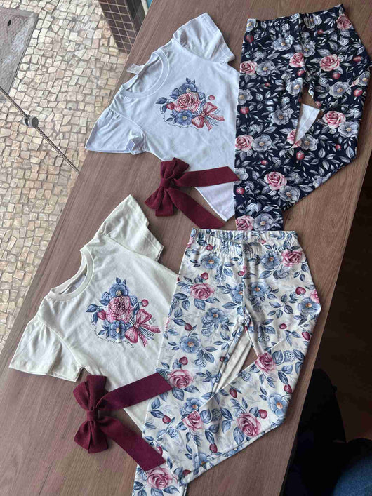 CONJUNTO MANGA CURTA FLORES LAÇO E CALÇA LEGGING MENINA PULLA BULLA
