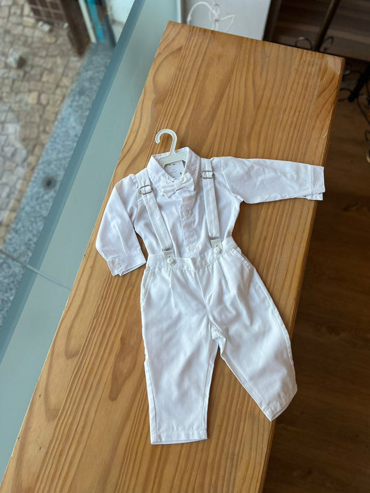 CONJUNTO BATIZADO BODY CAMISA BRANCO MANGA LONGA CALÇA SUSPENSORIO E GRAVATA MENINO POLO INFANTI