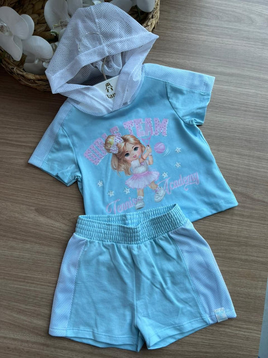 CONJUNTO BLUSA MANGA CURTA CAPUZ GIRLS TEAM TENNIS ACADEMY E SHORT MENINA CINTI