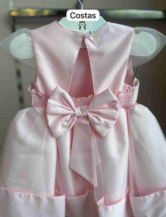VESTIDO MANGA CURTA BORDADO BORBOLETA FLORES PÉROLAS TERÇO LAÇO COSTA MENINA CATTAI