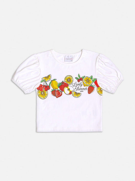 BLUSA MANGA CURTA COM ESTAMPA DE FRUTAS E STRASS LOVELY SUMMER MENINA MOMI