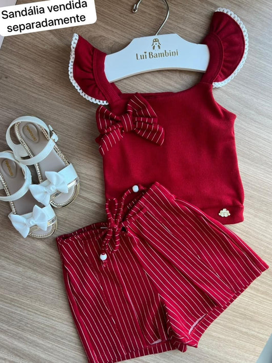 CONJUNTO BLUSA ALÇA BABADO LAÇO E SHORT LISTRADO NATAL MENINA ANGERÔ