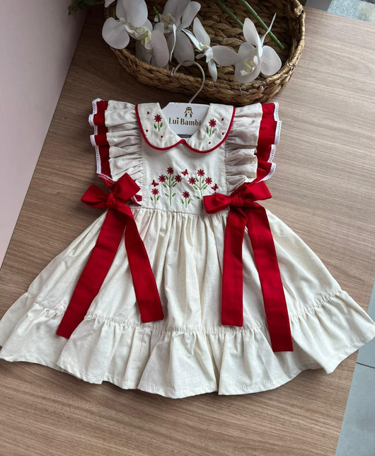 VESTIDO MANGA CURTA BUFANTE BORDADO FLORES MENINA LUI BAMBINI