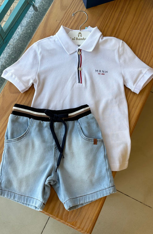CONJUNTO CAMISA POLO MANGA CURTA PIQUET E BERMUDA MOLETOM LISTRAS MENINO ONDA MARINHA PRO40