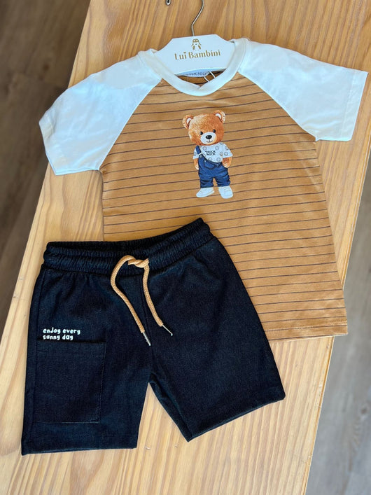 CONJUNTO CAMISETA MANGA CURTA URSINHO LISTRAS E BERMUDA MENINO TRICK NICK