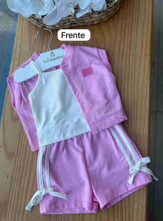 CONJUNTO BLUSA REGATA COLETE CORAÇÃO CACHORRINHO STRASS E SHORT MENINA CINTI