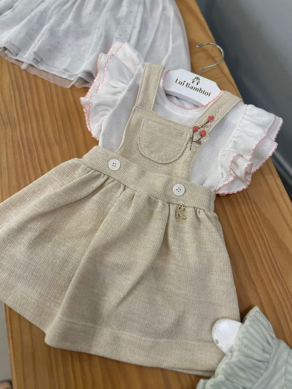 CONJUNTO BLUSA MANGA CURTA DUPLA E SALOPETE BOLSO FLORES E PÉROLAS MENINA KIKI XODO